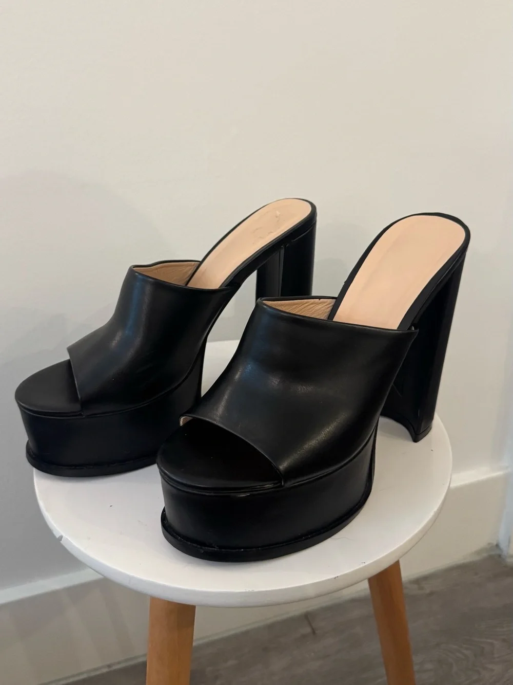 Black Leather Platform Mule Heels - Women
